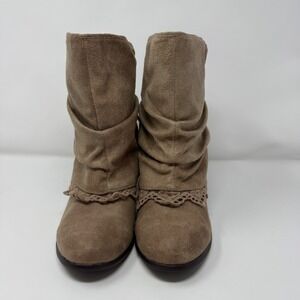 Naughty Monkey Womens Slouch Ankle Boots Taupe Crochet Lace Fringe Back 8.5